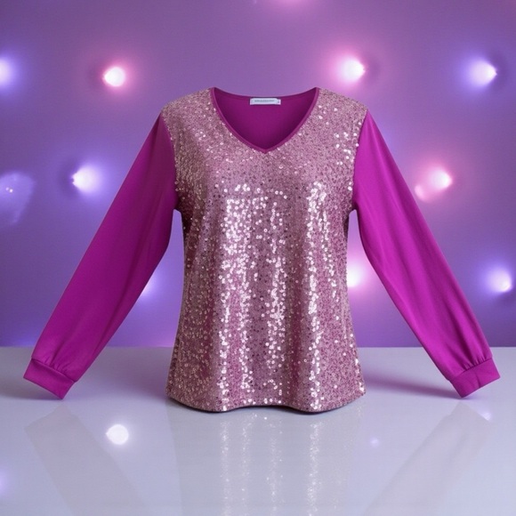 Tops - New Womens Pink Sparkling Sequin Top Blouse Large